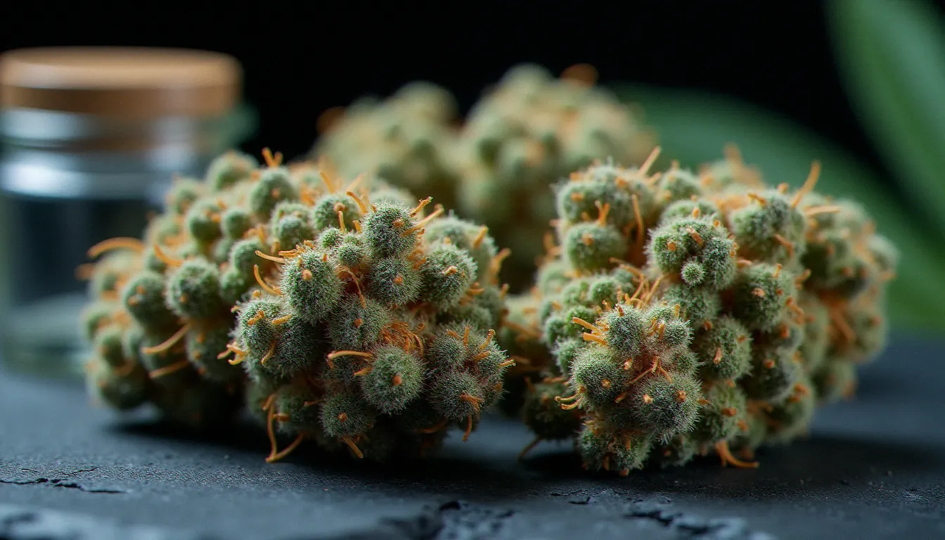 Fleurs de sour chem indica cbd flower en gros plan macro sur ardoise sombre, montrant les trichomes cristallins et les pistils orangés caractéristiques de la variété