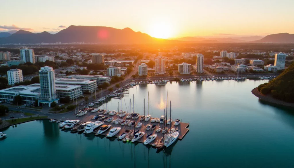 Vue aérienne de Tauranga et de son port au coucher de soleil, ville côtière de Nouvelle-Zélande où le marché du tauranga cbd connaît une expansion significative