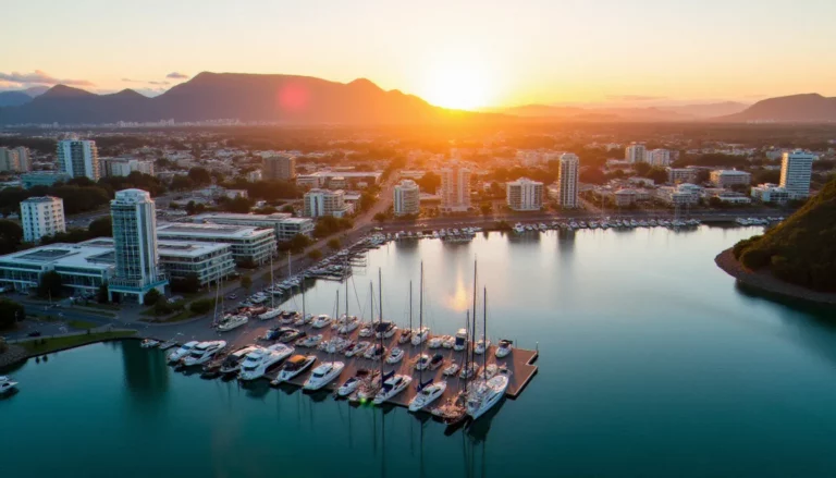 Vue aérienne de Tauranga et de son port au coucher de soleil, ville côtière de Nouvelle-Zélande où le marché du tauranga cbd connaît une expansion significative