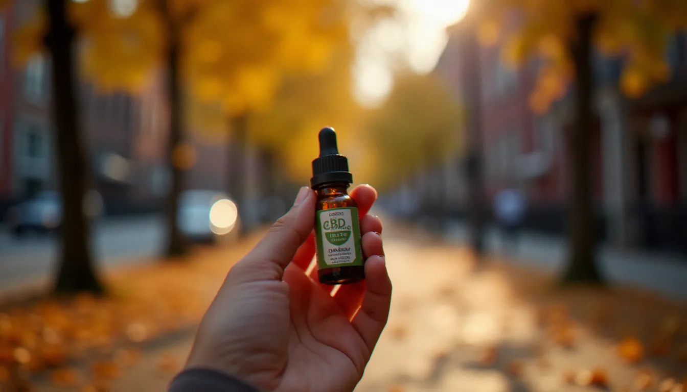 Flacon d'huile CBD avec étiquetage réglementaire canadien tenu à la main, arrière-plan de rue torontoise en automne, illustrant la qualité analytique des produits de la toronto cbd map
