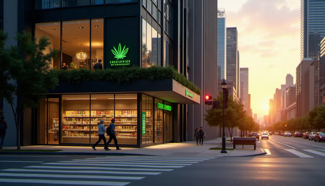 Vue de Toronto avec une boutique CBD légale agréée en premier plan, illustrant la toronto cbd map et le marché réglementé canadien