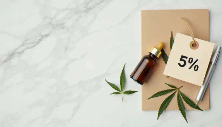 Flacon d'huile CBD avec un coupon de réduction 5% posé sur du marbre blanc, illustrant les économies possibles avec un 5 CBD coupon