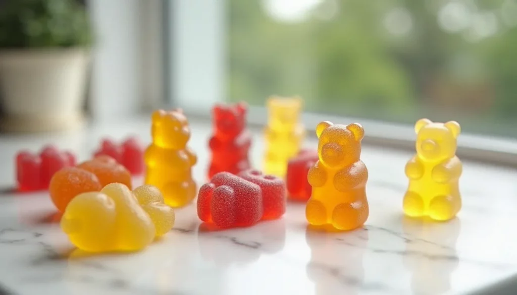 Bonbons CBD gélifiés colorés disposés sur marbre blanc, éclairage naturel