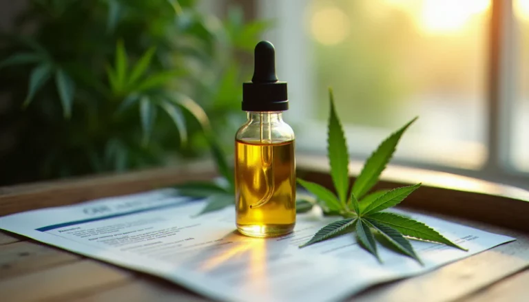 Flacon d'huile CBD avec feuilles de chanvre et certificat d'analyse, illustrant l'importance de l'origine dans une boutique CBD sérieuse
