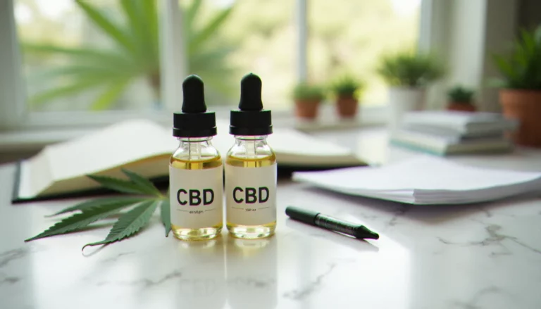 Deux flacons de cannabinoïdes CBC et CBD posés côte à côte sur du marbre blanc, représentant la comparaison cbc cbd avec des feuilles de chanvre en arrière-plan