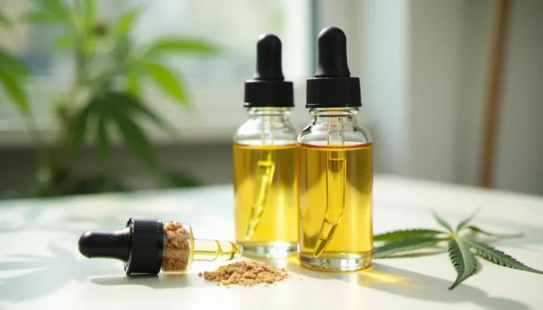 Deux flacons d'huile de chanvre à spectre complet contenant du CBC et du CBD posés sur une paillasse de laboratoire avec des feuilles de chanvre et des cristaux de cannabinoïdes