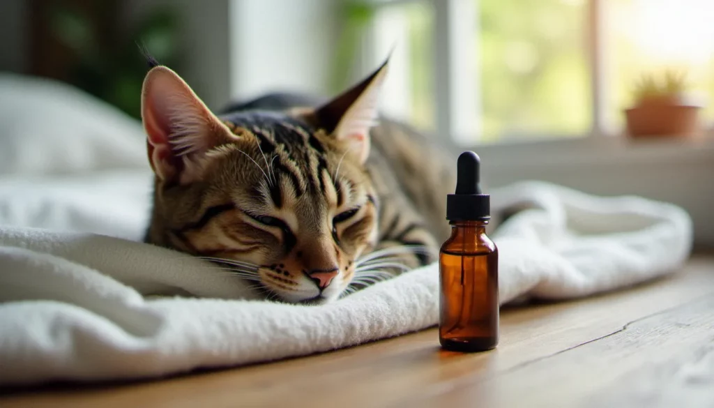 Un chat tigré adulte au repos à côté d'un flacon compte-gouttes d'huile de CBD sur une surface en bois, illustration du CBD pour chat