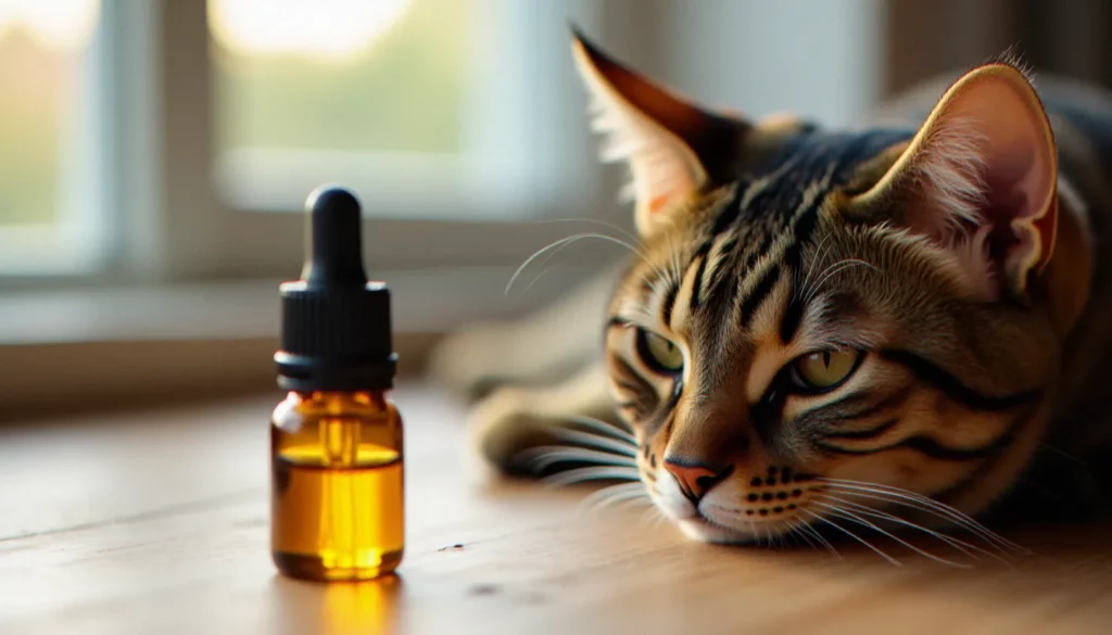 Un chat tigré allongé au calme à côté d'un flacon de CBD en verre ambré, illustrant l'usage du CBD pour chat