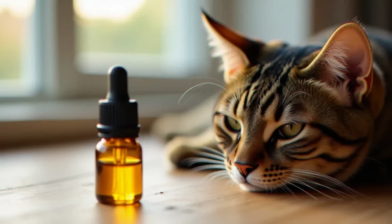 Un chat tigré allongé au calme à côté d'un flacon de CBD en verre ambré, illustrant l'usage du CBD pour chat