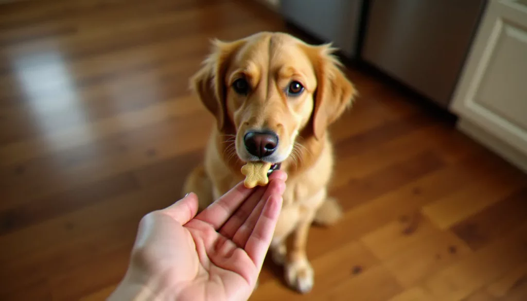 Chien golden retriever recevant une friandise CBD de la main de sa propriétaire, illustrant les cbd dog treats near me