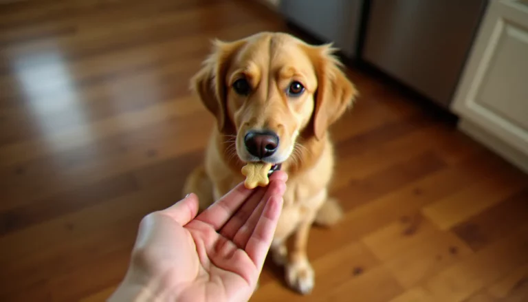 Chien golden retriever recevant une friandise CBD de la main de sa propriétaire, illustrant les cbd dog treats near me
