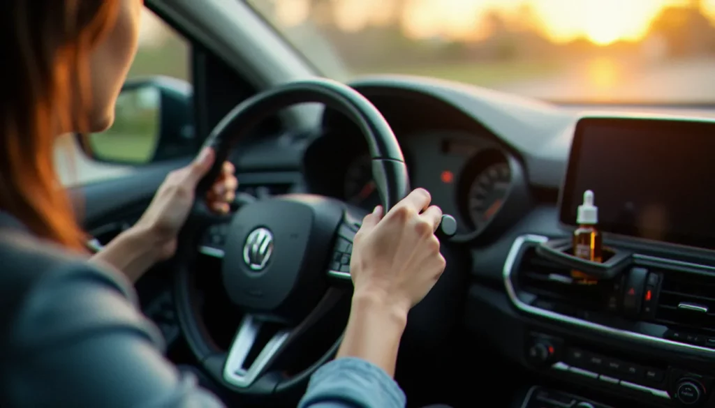 Mains sur un volant de voiture avec un flacon d'huile CBD visible en arrière-plan, illustrant la question du CBD et de la conduite
