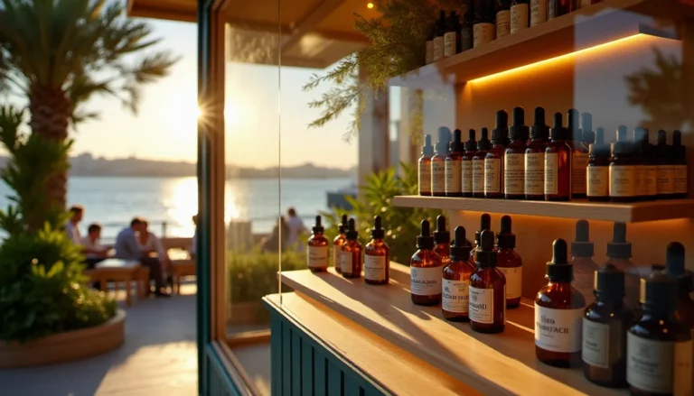 Devanture d'une boutique CBD à Marseille avec des flacons d'huile de cannabidiol disposés en vitrine, lumière méditerranéenne naturelle