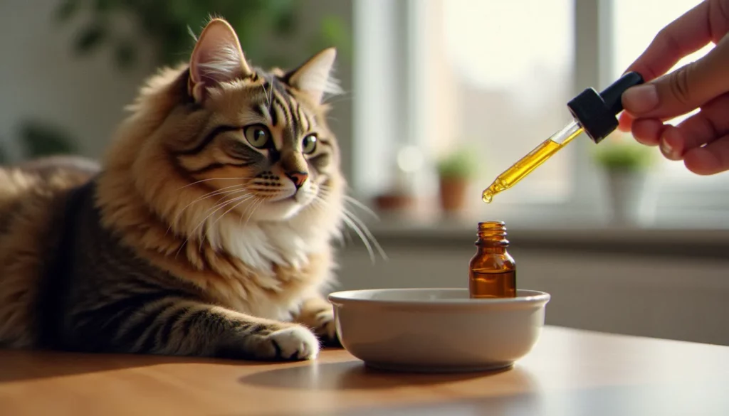 Chat tabby recevant de l'huile CBD for cats dans sa gamelle, avec un flacon compte-gouttes ambré posé sur une table en bois