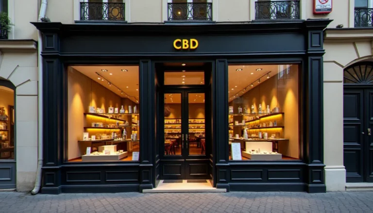 Façade d'une boutique CBD dans le 7e arrondissement de Paris, vitrine moderne intégrée dans un immeuble haussmannien, illustrant le concept de cbd paris 7 weed land