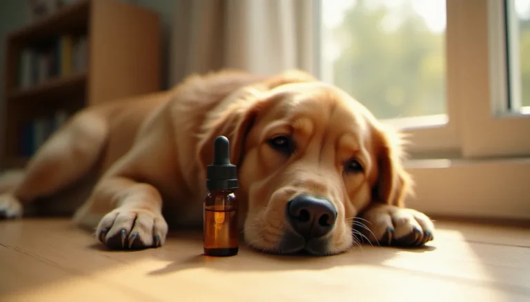 Un golden retriever détendu allongé à côté d'un flacon d'huile de CBD pour chien, illustrant l'utilisation apaisante du CBD pour chien dans un cadre domestique