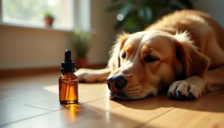 Chien golden retriever allongé à côté d'une bouteille d'huile de CBD pour chiens, illustrant l'usage du cbd pour chiens au quotidien