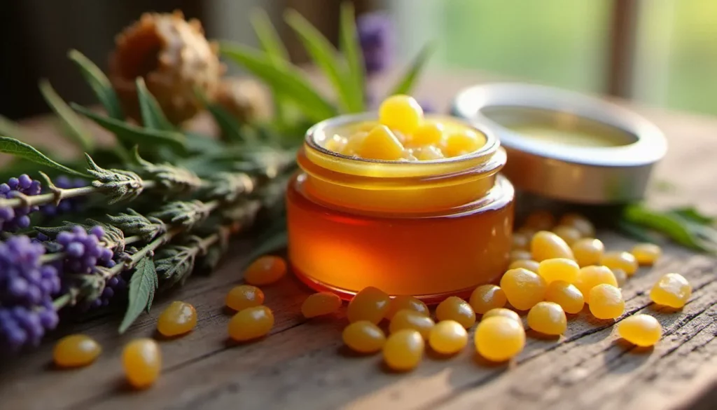 Pot de cbd salve en verre ambré ouvert, posé sur du bois naturel entouré de cire d'abeille et de feuilles de chanvre séchées