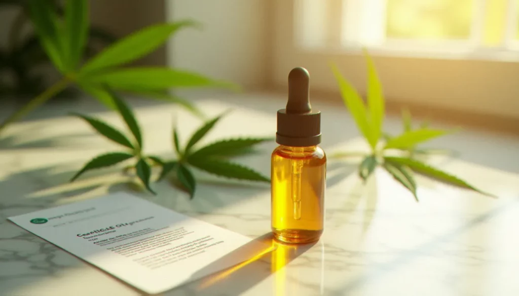 Flacon compte-gouttes d'huile de CBD sans THC posé sur marbre blanc entouré de feuilles de chanvre fraîches et d'un certificat d'analyse de laboratoire