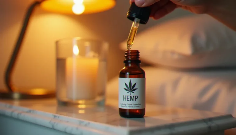 Flacon d'huile CBD sommeil Hollyweed posé sur une table de nuit en marbre blanc, éclairage doux de soirée évoquant la détente avant le coucher
