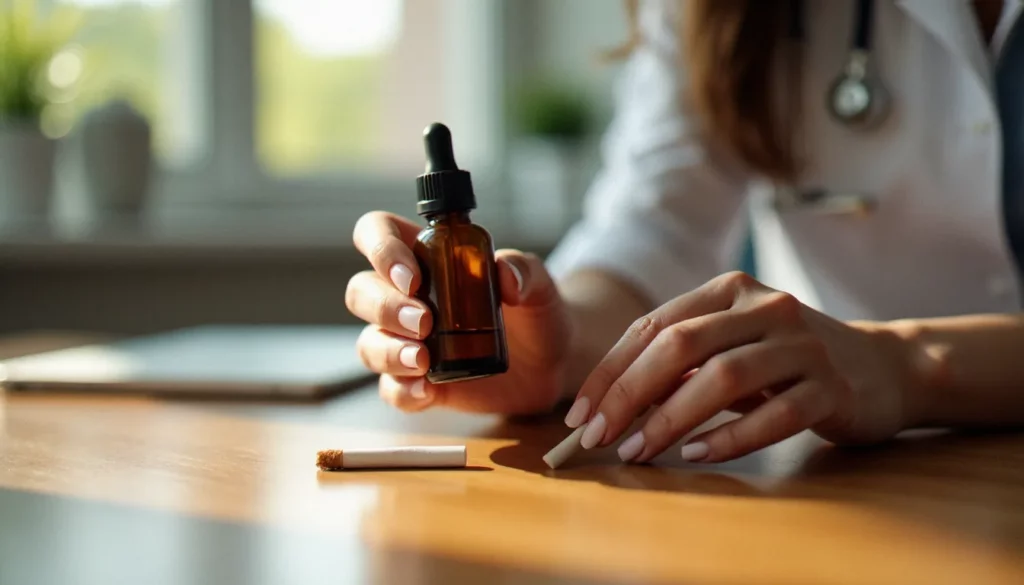 Flacon d'huile de CBD posé à côté d'une cigarette sur une table en bois, illustrant la relation entre CBD et tabac