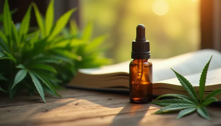 Flacon d'huile de CBDs en verre ambré posé sur une table en bois avec des feuilles de chanvre fraîches et une revue scientifique ouverte en arrière-plan