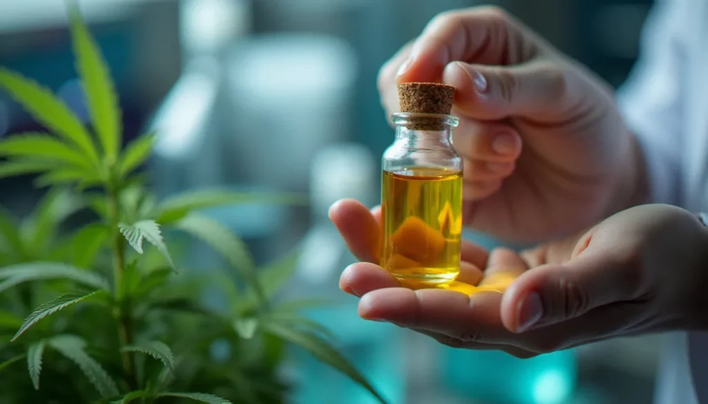 Vial d'extrait de chanvre doré tenu par un chercheur en laboratoire, illustrant la composition en CBDs du chanvre