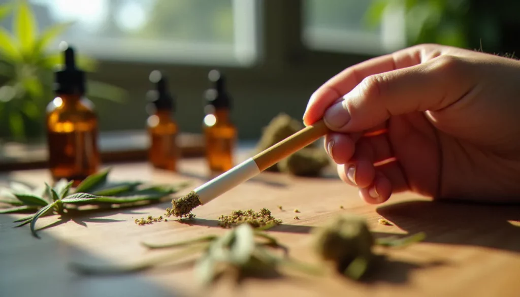 Cigarette CBD tenue à la main au-dessus d'une table en bois avec des feuilles de chanvre séchées, illustrant un produit au cannabidiol légal
