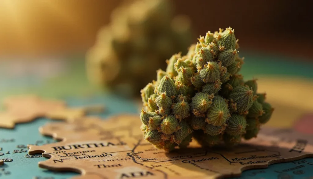 Fleur CBD en gros plan avec trichomes visibles placée sur une carte du monde, illustrant la diversité des origines géographiques de la fleur CBD