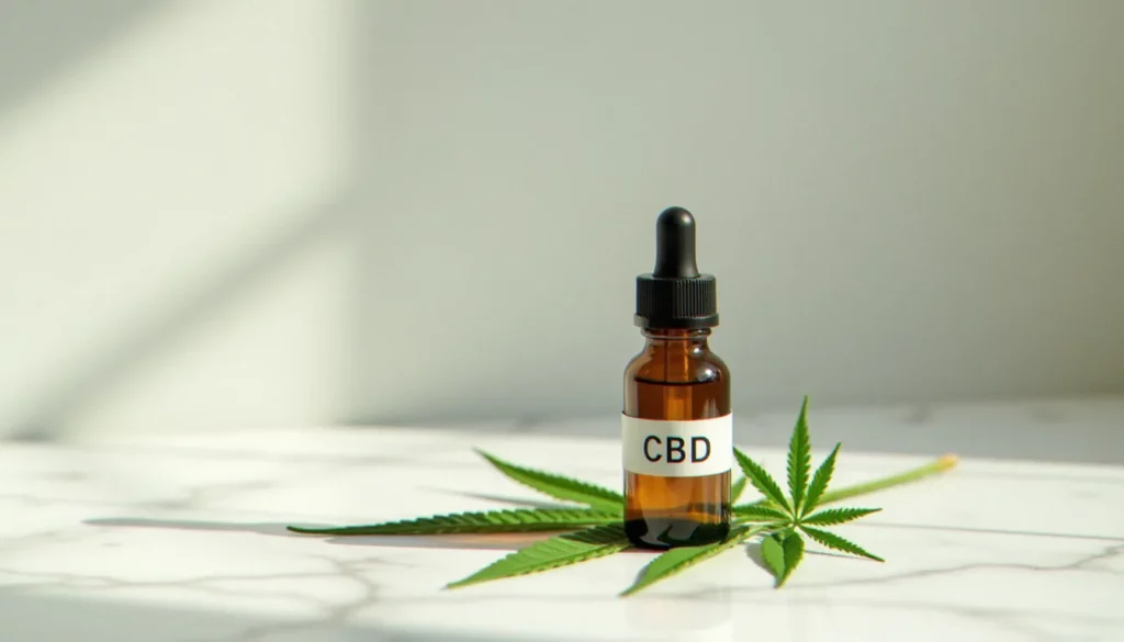 Flacon d'huile CBD Hollyweed en verre ambré avec pipette, posé sur une feuille de chanvre naturelle sur marbre blanc