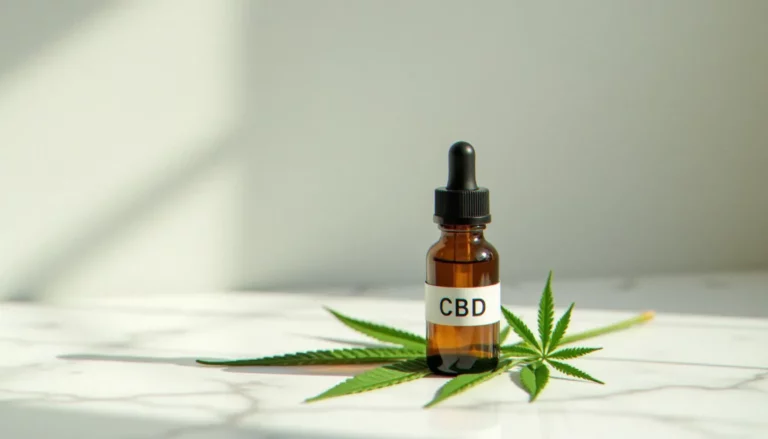 Flacon d'huile CBD Hollyweed en verre ambré avec pipette, posé sur une feuille de chanvre naturelle sur marbre blanc