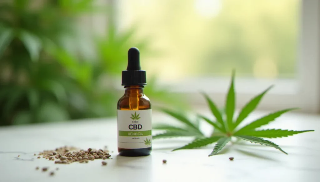 Flacon d'huile CBD Hollyweed en verre ambré avec pipette, posé sur marbre blanc à côté de feuilles de chanvre fraîches, éclairage naturel doux