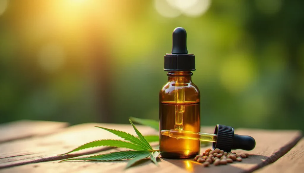 Flacon compte-gouttes d'huile CBD sans THC origine européenne posé sur une surface en bois avec des feuilles de chanvre fraîches