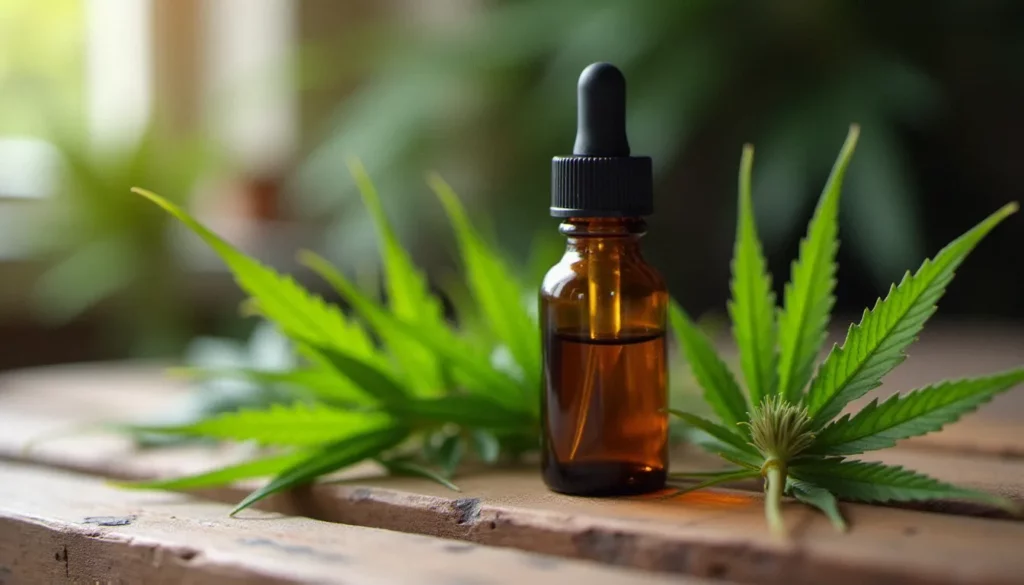 Flacon d'huile CBD sans THC posé sur une surface en bois avec des feuilles de chanvre fraîches, illustrant l'origine naturelle du produit