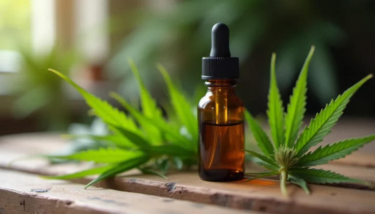 Flacon d'huile CBD sans THC posé sur une surface en bois avec des feuilles de chanvre fraîches, illustrant l'origine naturelle du produit