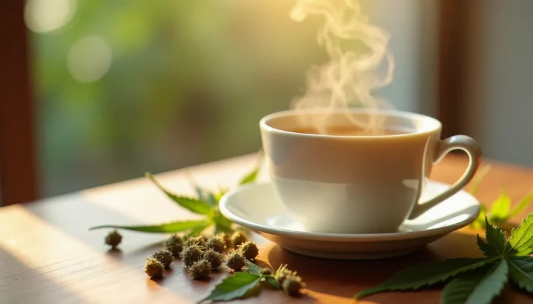 Tasse d'infusion CBD fumante avec des fleurs de chanvre séchées sur une table en bois, illustrant la préparation d'une infusion CBD artisanale