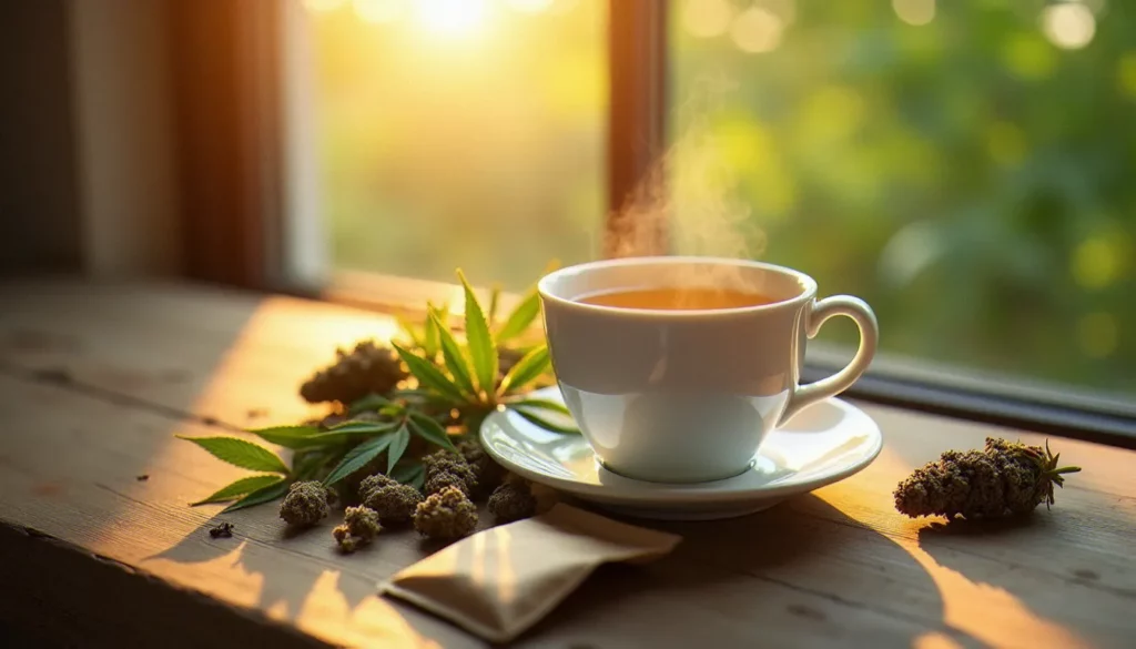 Tasse d'infusion CBD OrigIneCBD fumante entourée de fleurs de chanvre séchées sur table en bois, lumière naturelle matinale