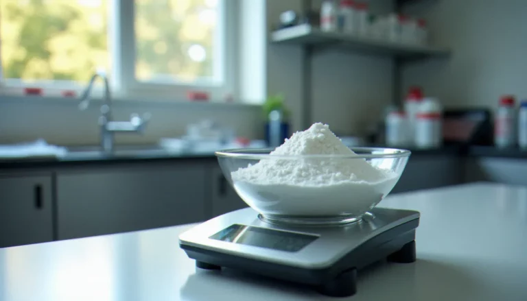 Balance de laboratoire pesant de la poudre d'isolat de cannabidiol blanc, représentant l'achat d'un kilogramme de CBD en milieu professionnel