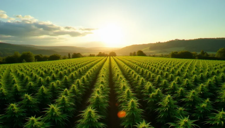 Vue aérienne d'une ferme du CBD en fleur sous le soleil en France, rangées de plants de chanvre CBD s'étendant à perte de vue dans un paysage de collines verdoyantes