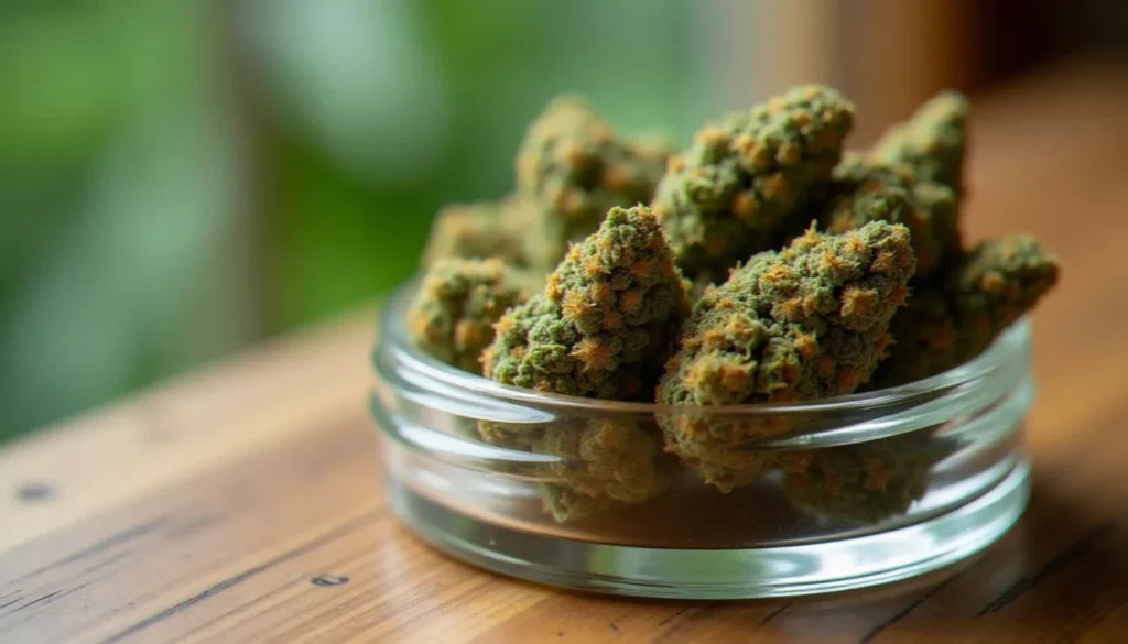 Fleurs de marie jeanne CBD séchées dans un bocal en verre sur une surface en bois naturel, trichomes visibles en lumière naturelle