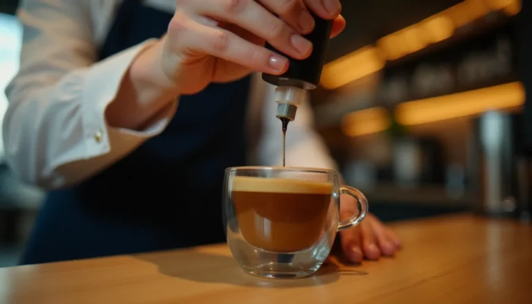 Bariste mesurant précisément de l'huile CBD dans un espresso tiré, incarnant le concept de melbourne cbd coffee dans un café de spécialité épuré