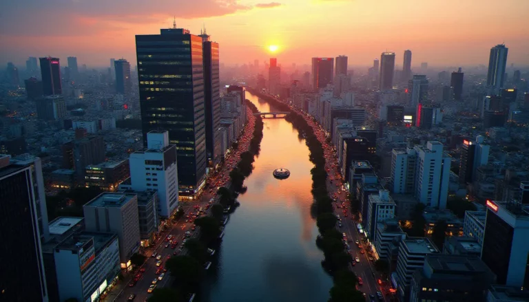 Vue aérienne d'Osaka au coucher du soleil illustrant le contexte urbain de la recherche osaka CBD au Japon
