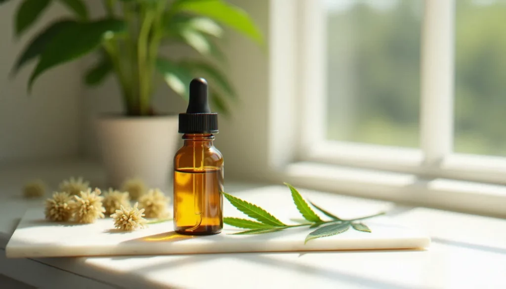 Flacon d'huile CBD dorée et feuilles de chanvre fraîches sur marbre blanc, illustrant les bienfaits du CBD référencés sur papatilleul.fr et analysés scientifiquement