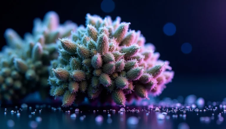 Fleurs de space CBD aux reflets violets et bleus, couvertes de trichomes brillants sur fond sombre, illustrant la variété space cbd