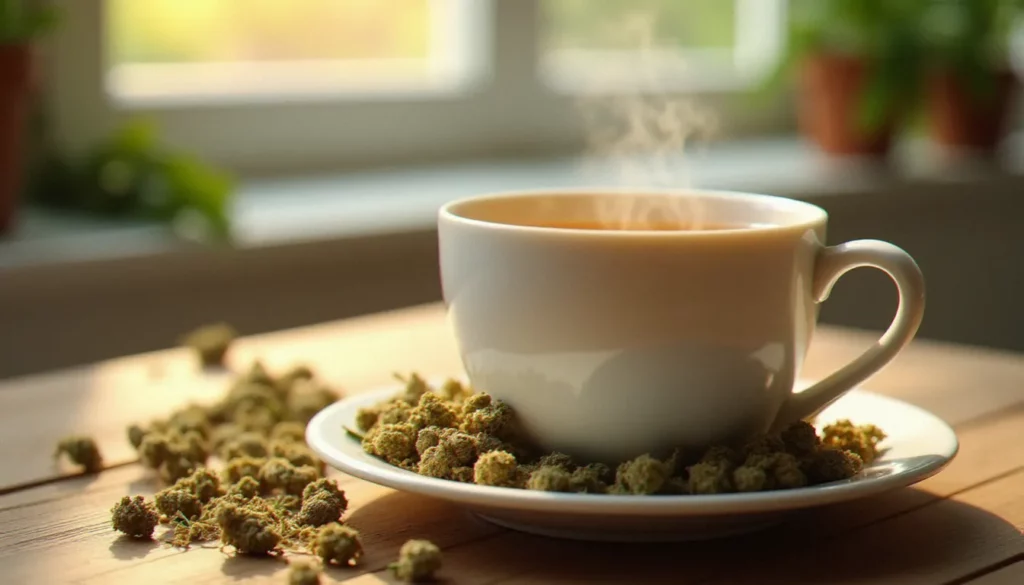 Tasse de tisane CBD préparée avec des fleurs de chanvre séchées posées sur une table en bois, éclairage naturel doux