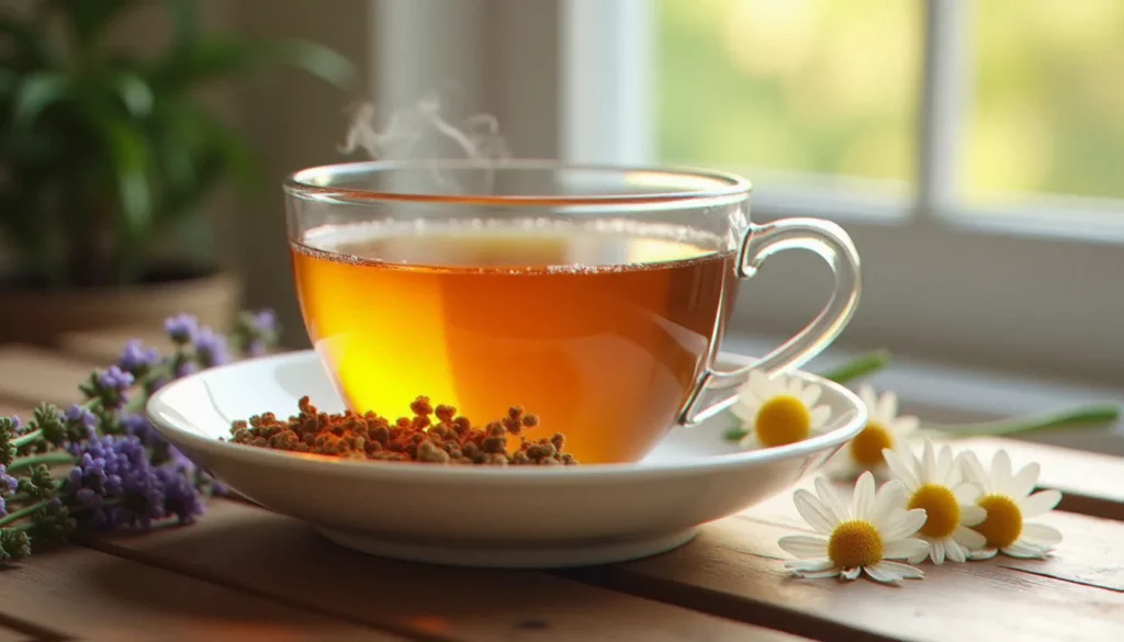 Tasse de tisane CBD Hollyweed dorée et fumante entourée de fleurs de chanvre séchées et de lavande sur une table en bois