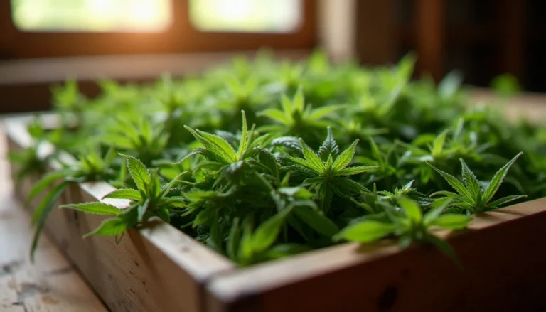 Gros plan de feuilles sucrées et de trim CBD fraîchement récoltées disposées sur un plateau en bois dans une ferme de chanvre