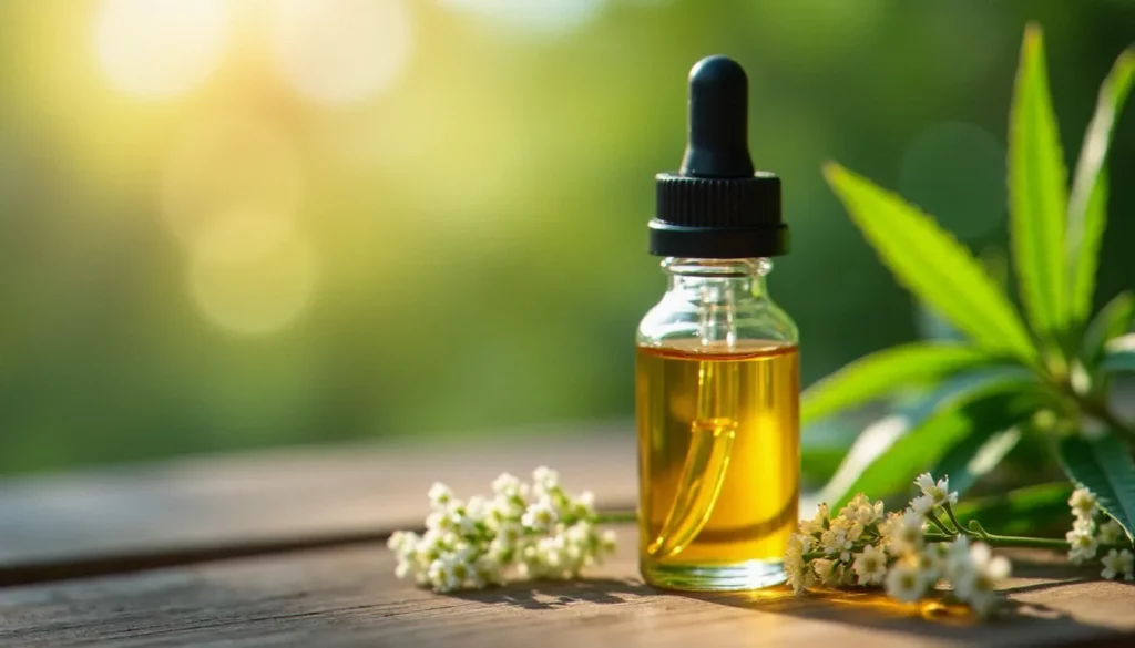 Flacon d'huile de CBD dorée avec des feuilles de chanvre, illustrant les produits d'un as du CBD