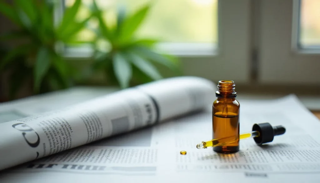 Site d'information cbd-actu.ch illustré par une huile CBD posée sur un journal suisse, représentant l'actualité CBD en Suisse