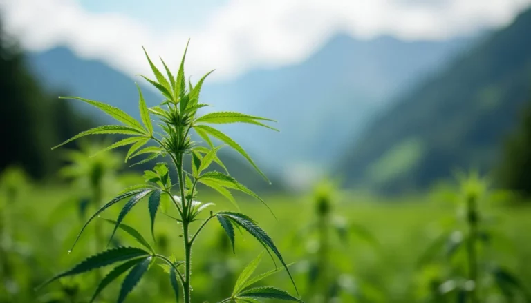 Plant de chanvre CBD en fleur devant un paysage suisse montagneux, évoquant l'actualité du marché cbd-actu.ch